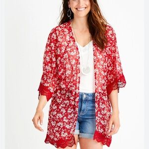 Maurices Ditsy Floral Crochet Trim Open Front Kimono red & white Floral Size L
